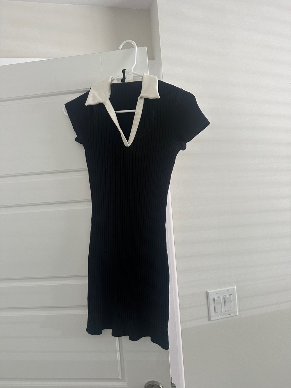 H&M Black Ribbed Polo Collar Dress with White Trim
